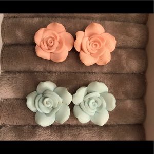 Pink and teal rose earrings